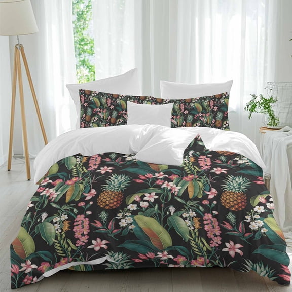 Queen 4 Piece Bedding Set Summer Pineapple Pink Flower Green Leaves Soft Breathable Duvet Cover and Pillowcase, Tropical Plant Duvet Cover Set Bed Sheets for Bedroom Dormitory Guest Room