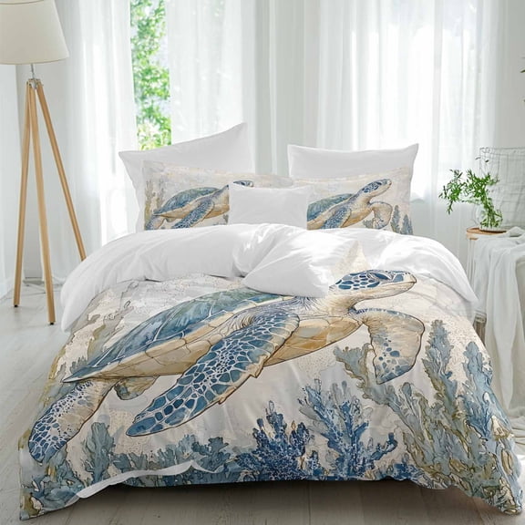 Queen 4 Piece Bedding Set Summer Sea Turtle Ocean Coral Soft Breathable Duvet Cover and Pillowcase,Coastal Nautical Theme Duvet Cover Set Washable Bed Sheets for Bedroom Dormitory Guest Room