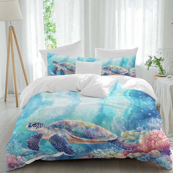 Queen 4 Piece Bedding Set Summer Sea Turtle Starfish on Blue Soft Breathable Duvet Cover and Pillowcase, Watercolor Coral Duvet Cover Set Bed Sheets for Bedroom Dormitory Guest Room