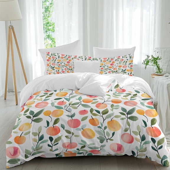 Queen 4 Piece Bedding Set Summer Watercolor Peach Orange Leaf Soft Breathable Duvet Cover and Pillowcase,Farmhouse Fruit Plant Duvet Cover Set Washable Bed Sheets for Bedroom Dormitory Guest Room