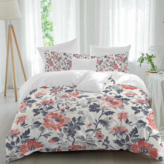 Queen 4 Piece Bedding Set Summer Watercolor Red Floral Soft Breathable Duvet Cover and Pillowcase,Abstract Botanical Herb Duvet Cover Set Washable Bed Sheets for Bedroom Dormitory Guest Room