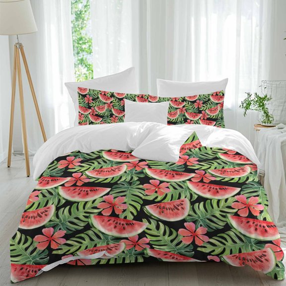 Queen 4 Piece Bedding Set Summer Watermelon Green Monstera Leaf Soft Breathable Duvet Cover and Pillowcase,Red Flower Seamless Duvet Cover Set Washable Bed Sheets for Bedroom Dormitory Guest Room