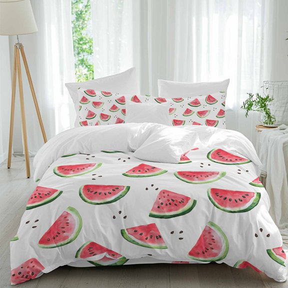 Queen 4 Piece Bedding Set Summer Watermelon Seamless Soft Breathable Duvet Cover and Pillowcase,Farm Fruit Harvest Duvet Cover Set Washable Bed Sheets for Bedroom Dormitory Guest Room