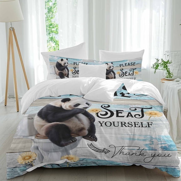 Queen 4 Piece Bedding Set Sunflower Panda Sitting on The Toilet Soft Breathable Duvet Cover and Pillowcase,Vintage Blue Wooden Board Duvet Cover Set Bed Sheets for Bedroom Dormitory Guest Room