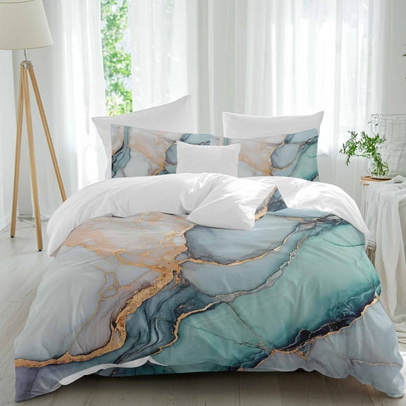 Queen 4 Piece Bedding Set Teal Blue Gradient Marble Soft Breathable Duvet Cover and Pillowcase,Turquoise Abstract Stripes Art Duvet Cover Set Washable Bed Sheets for Bedroom Dormitory Guest Room