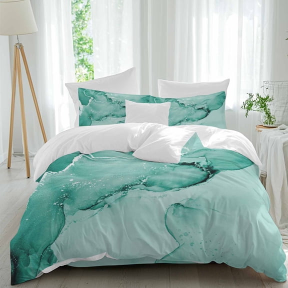 Queen 4 Piece Bedding Set Teal Gradient Marble Soft Breathable Duvet Cover and Pillowcase,Abstract Wave Turquoise Duvet Cover Set Washable Bed Sheets for Bedroom Dormitory Guest Room