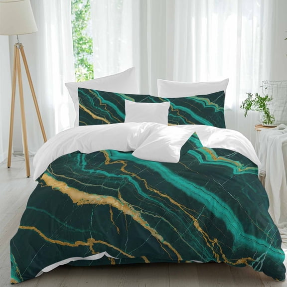 Queen 4 Piece Bedding Set Teal Marble Gold Stripe Soft Breathable Duvet Cover and Pillowcase,Abstract Water Ripple Duvet Cover Set Washable Bed Sheets for Bedroom Dormitory Guest Room