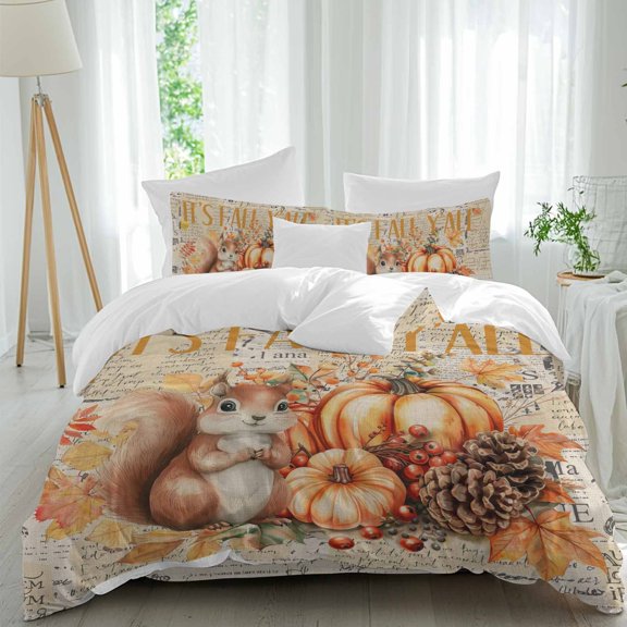 Queen 4 Piece Bedding Set Thanksgiving Pumpkin Squirrel Pine Cone Soft Breathable Duvet Cover and Pillowcase, Fall Berry on Retro Newspaper Duvet Cover Set Bed Sheets for Bedroom Dormitory Guest Room