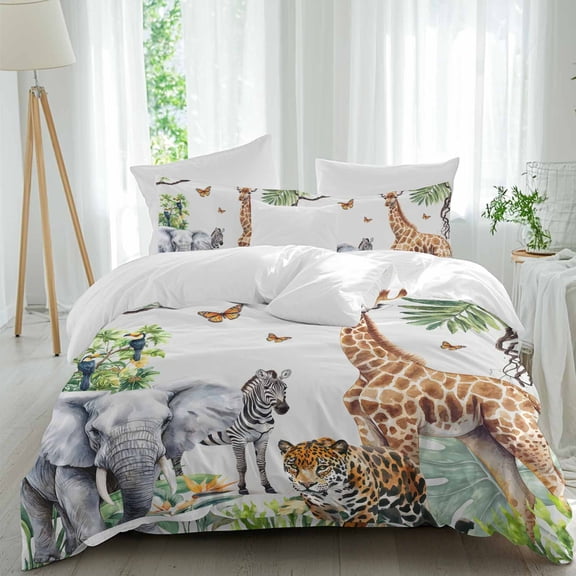 Queen 4 Piece Bedding Set Tiger Elephant Giraffe Animal Soft Breathable Duvet Cover and Pillowcase,Tropical Jungle Green Leaves Duvet Cover Set Washable Bed Sheets for Bedroom Dormitory Guest Room