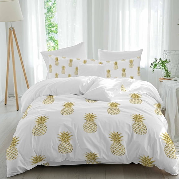 Queen 4 Piece Bedding Set Tropical Fruit Pineapple Golden Plaid Soft Breathable Duvet Cover and Pillowcase, Summer Farm Harvest Duvet Cover Set Bed Sheets for Bedroom Dormitory Guest Room