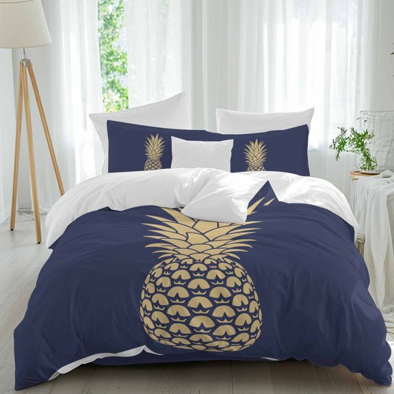 Queen 4 Piece Bedding Set Tropical Fruit Pineapple Soft Breathable Duvet Cover and Pillowcase, Abstract Yellow Pattern on Navy Blue Duvet Cover Set Bed Sheets for Bedroom Dormitory Guest Room