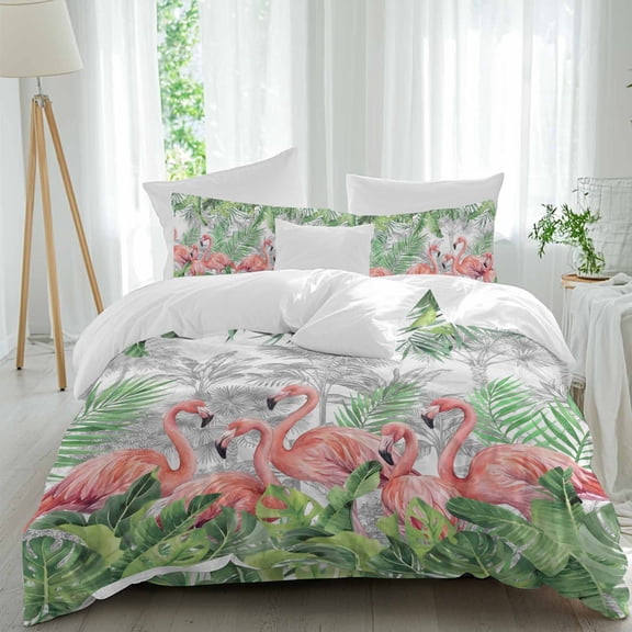 Queen 4 Piece Bedding Set Tropical Pink Flamingo Green Leaf Soft Breathable Duvet Cover and Pillowcase, Summer Animal Plant Duvet Cover Set Bed Sheets for Bedroom Dormitory Guest Room