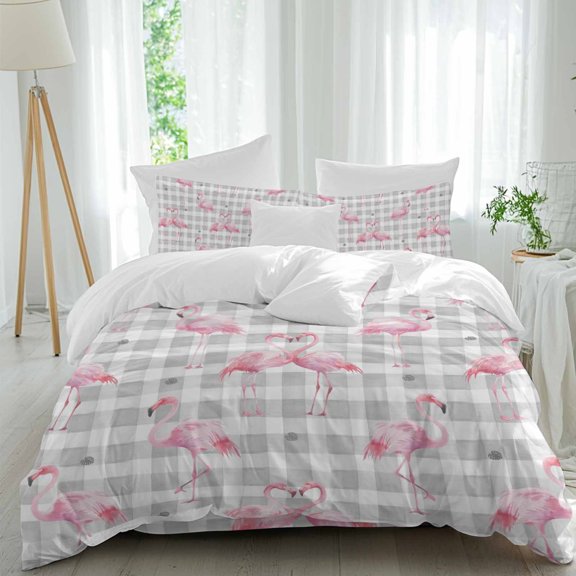 Queen 4 Piece Bedding Set Tropical Pink Flamingo Seamless Soft Breathable Duvet Cover and Pillowcase, Watercolor Palm Leaf Grey Check Duvet Cover Set Bed Sheets for Bedroom Dormitory Guest Room