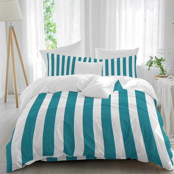Queen 4 Piece Bedding Set Turquoise White Stripe Soft Breathable Duvet Cover and Pillowcase,Minimal Art Duvet Cover Set Washable Bed Sheets for Bedroom Dormitory Guest Room