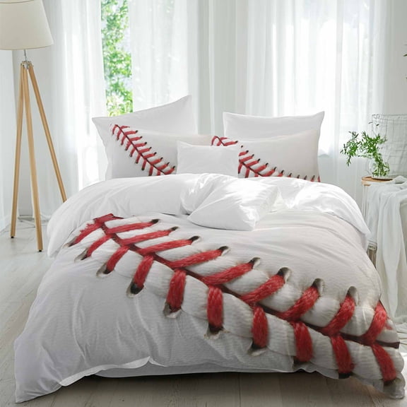 Queen 4 Piece Bedding Set USA Baseball Red Needle Stripe Soft Breathable Duvet Cover and Pillowcase,Sports White Back Duvet Cover Set Washable Bed Sheets for Bedroom Dormitory Guest Room