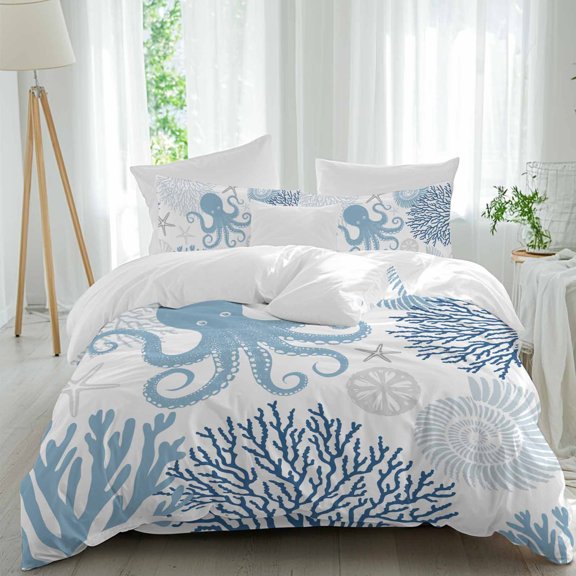 Queen 4 Piece Bedding Set Underwater Blue Octopus Starfish Coral Soft Breathable Duvet Cover and Pillowcase,Ocean Creature Duvet Cover Set Washable Bed Sheets for Bedroom Dormitory Guest Room