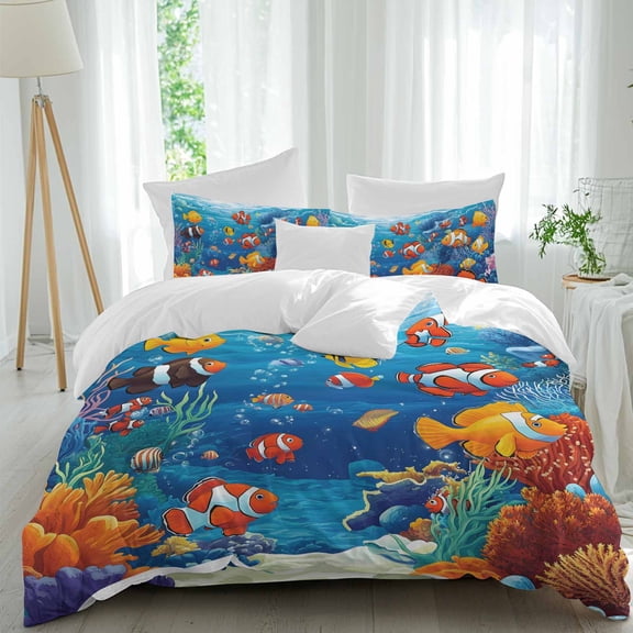 Queen 4 Piece Bedding Set Underwater World Clownfish Coral Soft Breathable Duvet Cover and Pillowcase,Marine Life Ocean Seaweed Duvet Cover Set Washable Bed Sheets for Bedroom Dormitory Guest Room