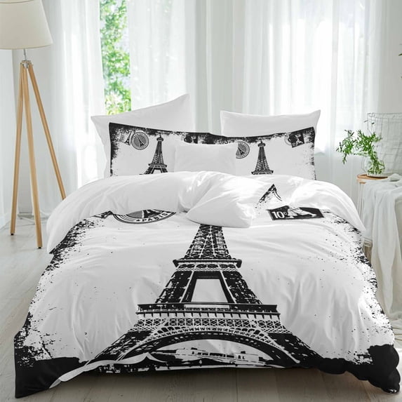Queen 4 Piece Bedding Set Vintage Black White Building Eiffel Tower Soft Breathable Duvet Cover and Pillowcase, Retro Stamps Duvet Cover Set Bed Sheets for Bedroom Dormitory Guest Room