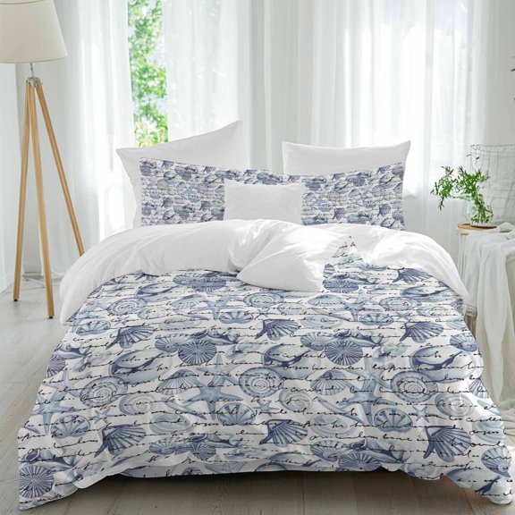 Queen 4 Piece Bedding Set Vintage Blue Conch Starfish Soft Breathable Duvet Cover and Pillowcase, Summer Ocean Animal Duvet Cover Set Bed Sheets for Bedroom Dormitory Guest Room
