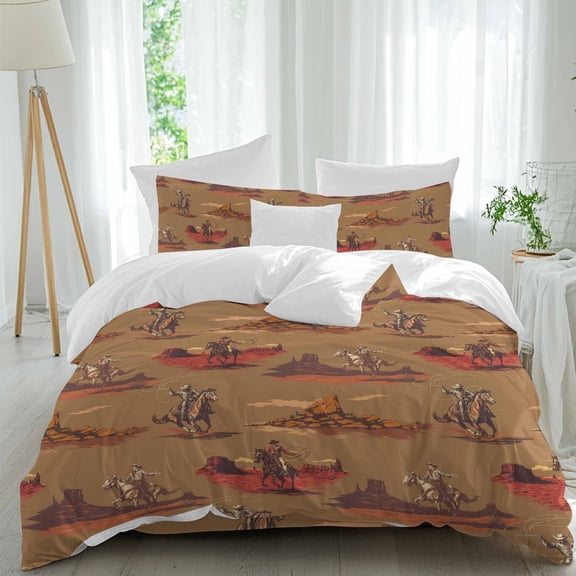 Queen 4 Piece Bedding Set Vintage Ethnic Cowboy Horse Soft Breathable Duvet Cover and Pillowcase, Western Desert Theme Duvet Cover Set Bed Sheets for Bedroom Dormitory Guest Room