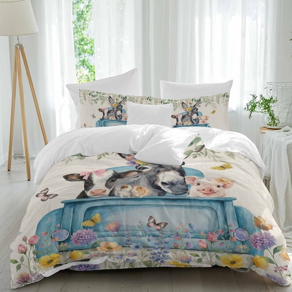 Queen 4 Piece Bedding Set Vintage Farm Donkeys Pigs Cows Soft Breathable Duvet Cover and Pillowcase, Flowers Leaves on Linen Duvet Cover Set Bed Sheets for Bedroom Dormitory Guest Room