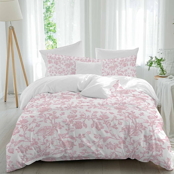 Queen 4 Piece Bedding Set Vintage Farmhouse Pink Flower on White Soft Breathable Duvet Cover and Pillowcase, Pastoral Botanical Duvet Cover Set Bed Sheets for Bedroom Dormitory Guest Room