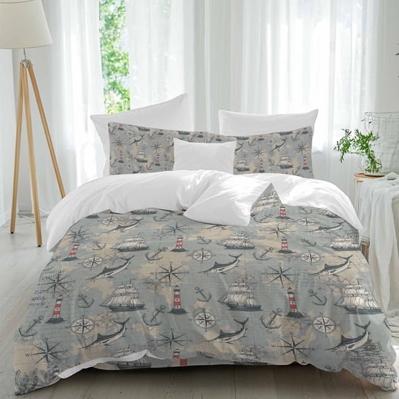 Queen 4 Piece Bedding Set Vintage Sailing Boat Lighthouse Soft Breathable Duvet Cover and Pillowcase,Nautical Compass Anchor Duvet Cover Set Washable Bed Sheets for Bedroom Dormitory Guest Room