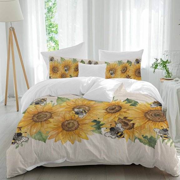 Queen 4 Piece Bedding Set Vintage Watercolor Sunflower Leaves Soft Breathable Duvet Cover and Pillowcase, Buffalo Checkered Bees Duvet Cover Set Bed Sheets for Bedroom Dormitory Guest Room