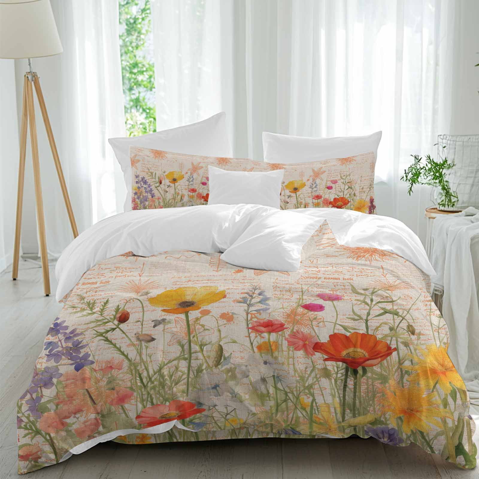 Queen 4 Piece Bedding Set Watercolor Blossom Poppy Flower Soft Breathable Duvet Cover and Pillowcase, Retro Spring Floral Leaves Duvet Cover Set Bed Sheets for Bedroom Dormitory Guest Room