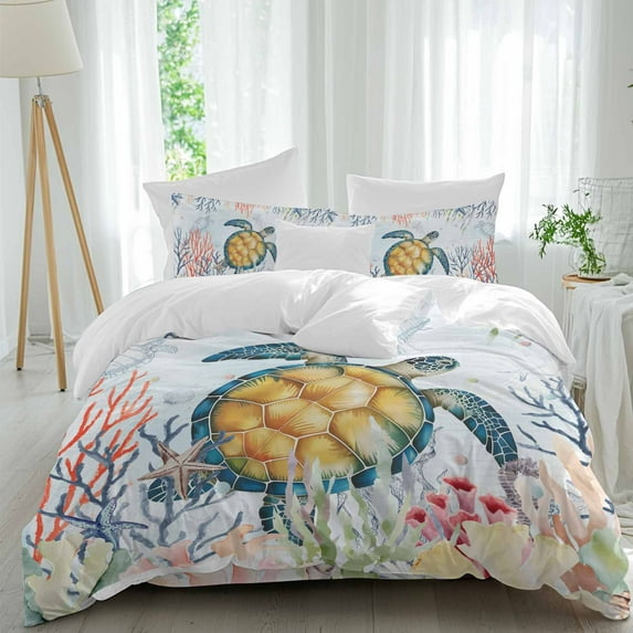 Queen 4 Piece Bedding Set Watercolor Coastal Sea Turtle Coral Seahorse Starfish Soft Breathable Duvet Cover and Pillowcase, Underwater World Duvet Cover Set Bed Sheets for Bedroom Guest Room