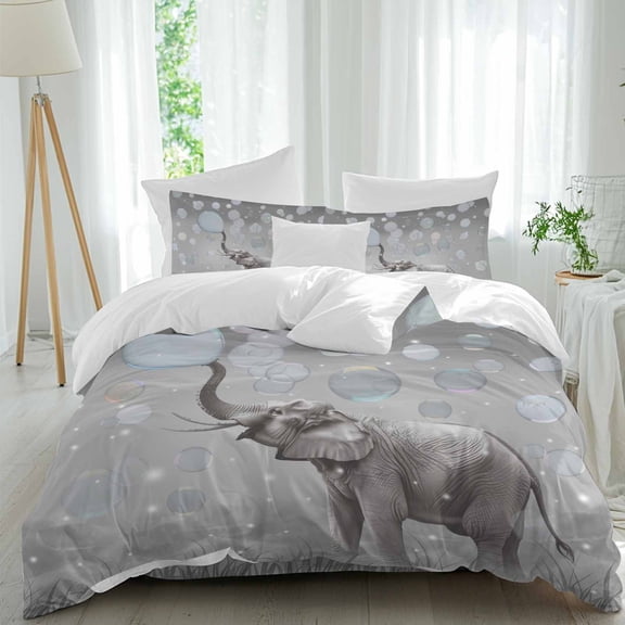 Queen 4 Piece Bedding Set Watercolor Elephants Bubbles Soft Breathable Duvet Cover and Pillowcase,Vintage Funny Animal Duvet Cover Set Washable Bed Sheets for Bedroom Dormitory Guest Room