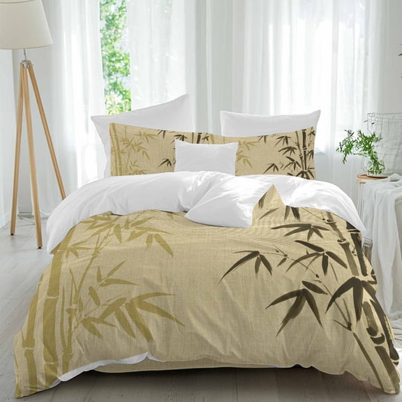 Queen 4 Piece Bedding Set Watercolor Nature Asian Plant Soft Breathable Duvet Cover and Pillowcase, Retro Chinese Painting Duvet Cover Set Bed Sheets for Bedroom Dormitory Guest Room