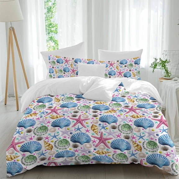 Queen 4 Piece Bedding Set Watercolor Ocean Shell Starfish Conch Soft Breathable Duvet Cover and Pillowcase,Summer Marine Life Duvet Cover Set Washable Bed Sheets for Bedroom Dormitory Guest Room