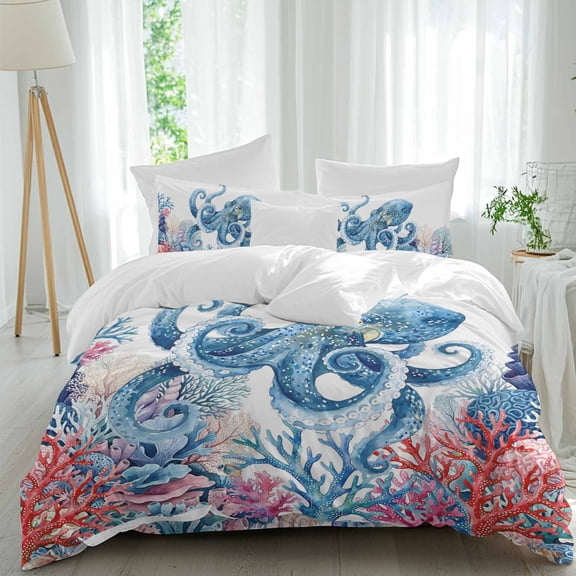 Queen 4 Piece Bedding Set Watercolor Octopus Huge Monster Soft Breathable Duvet Cover and Pillowcase, Colorful Ocean Coral Seaweed Duvet Cover Set Bed Sheets for Bedroom Dormitory Guest Room
