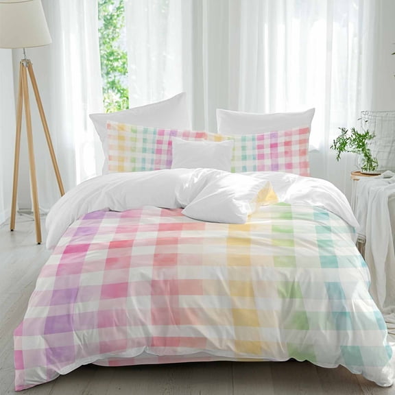 Queen 4 Piece Bedding Set Watercolor Pastoral Buffalo Check Soft Breathable Duvet Cover and Pillowcase,Colorful Stripe Plaid Duvet Cover Set Washable Bed Sheets for Bedroom Dormitory Guest Room