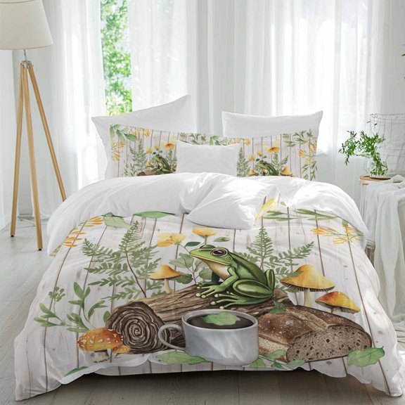 Queen 4 Piece Bedding Set Watercolor Rustic Frog Leaves Plant Soft Breathable Duvet Cover and Pillowcase, Coffee Mushroom on Wooden Duvet Cover Set Bed Sheets for Bedroom Dormitory Guest Room