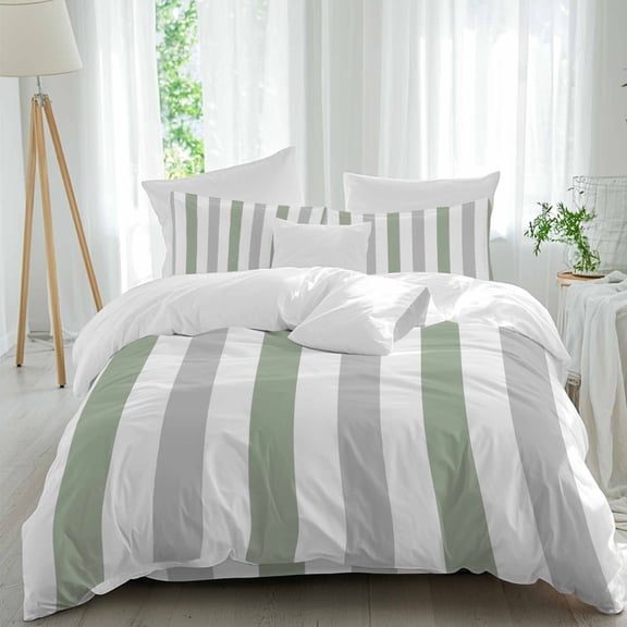 Queen 4 Piece Bedding Set Watercolor Sage Green Grey Stripes Soft Breathable Duvet Cover and Pillowcase,Classic Minimalist Art Duvet Cover Set Washable Bed Sheets for Bedroom Dormitory Guest Room