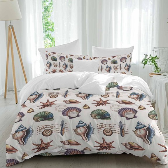 Queen 4 Piece Bedding Set Watercolor Starfish Conch Shell on Retro Soft Breathable Duvet Cover and Pillowcase,Marine Life Duvet Cover Set Washable Bed Sheets for Bedroom Dormitory Guest Room