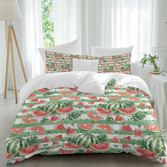 Queen 4 Piece Bedding Set Watercolor Summer Watermelon Leaves Soft Breathable Duvet Cover and Pillowcase, Green Stripes Duvet Cover Set Bed Sheets for Bedroom Dormitory Guest Room