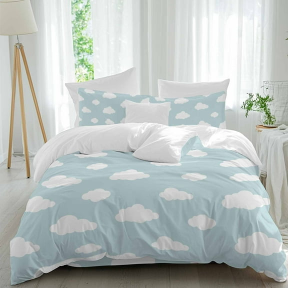 Queen 4 Piece Bedding Set White Clouds Blue Sky Soft Breathable Duvet Cover and Pillowcase,Watercolor Cartoon Sky Duvet Cover Set Washable Bed Sheets for Bedroom Dormitory Guest Room