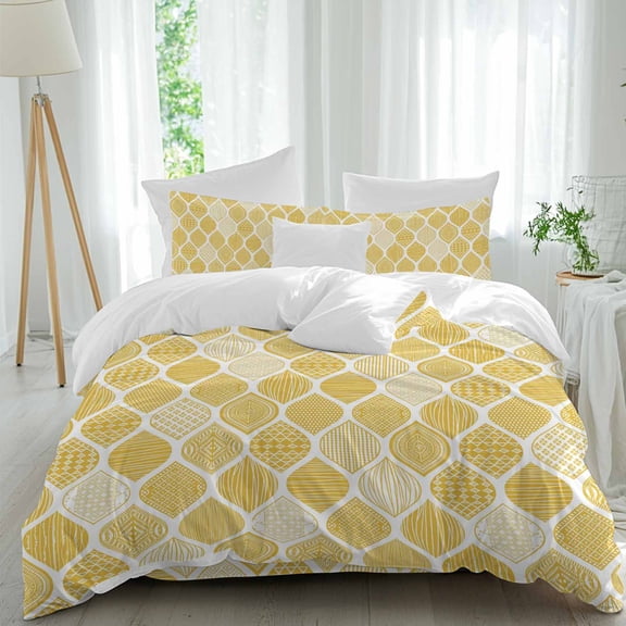 Queen 4 Piece Bedding Set Yellow Bohemian Geometric Texture Soft Breathable Duvet Cover and Pillowcase,Abstract Moroccan Pattern Duvet Cover Set Washable Bed Sheets for Bedroom Dormitory Guest Room