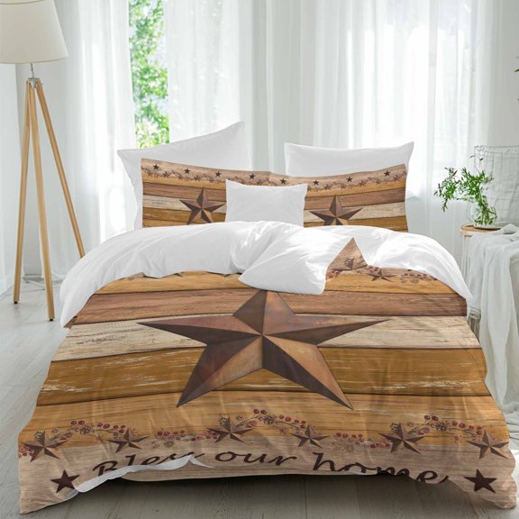 Queen 4 Piece Bedding Set Yellow Brown Plank Western Star Soft Breathable Duvet Cover and Pillowcase,Vintage Wood Grain Duvet Cover Set Washable Bed Sheets for Bedroom Dormitory Guest Room