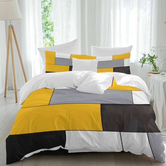 Queen 4 Piece Bedding Set Yellow Gray Color Block Patchwork Soft Breathable Duvet Cover and Pillowcase,Geometric Minimalist Art Duvet Cover Set Washable Bed Sheets for Bedroom Dormitory Guest Room