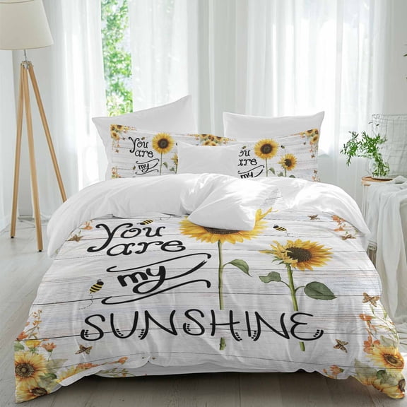 Queen 4 Piece Bedding Set You Are My Sunshine Words on Farm Wood Soft Breathable Duvet Cover and Pillowcase,Sunflowers Bees Duvet Cover Set Washable Bed Sheets for Bedroom Dormitory Guest Room