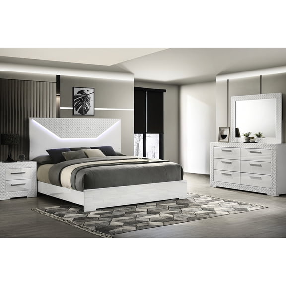 Queen 4-Piece Bedroom Suite | Modern LED Bed and Furniture for Bedroom | Durable Wood Construction with Quilted Details | Keep Belongings Organized in Drawers