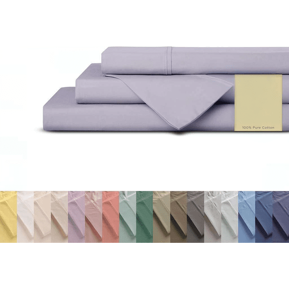 Queen 4-Piece Percale Sheet Set 100% Cotton 200 Thread Count Deep Pocket Fits 16 Inch Mattress Prelude Purple