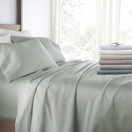Long-Staple Sateen Cotton Sheets Set - Ultra Soft Double Brushed & Washed in Green Mist for Queen Size Bedding - Comfort Canopy