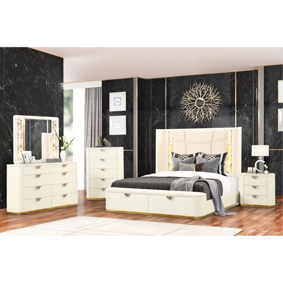 Queen 5-piece Bedroom Decor Collection | Bed with Lighting and Storage in Bedroom | High-gloss Wood and Polyester Upholstery | Enhance Bedroom Functionality