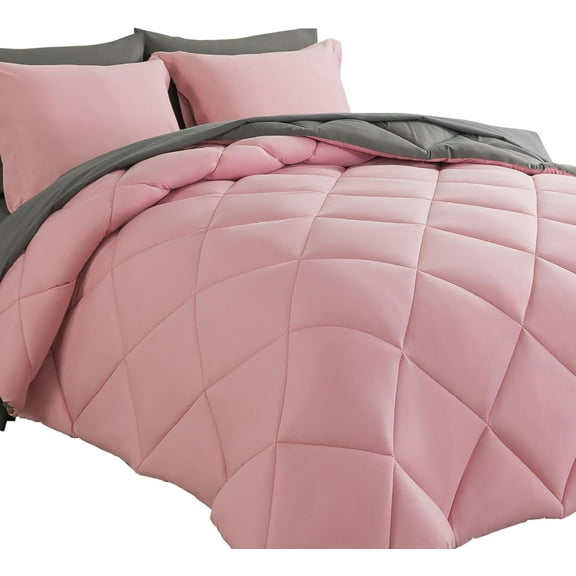 Queen 7-Piece Bed in a Bag Down Alternative Comforter Set Reversible Diamond Pink Grey All Season