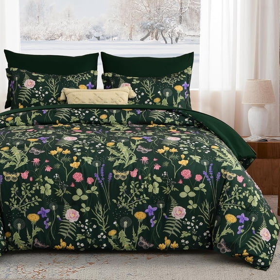Queen 7-Piece Comforter Set in Dark Green with Floral Botanical Pattern